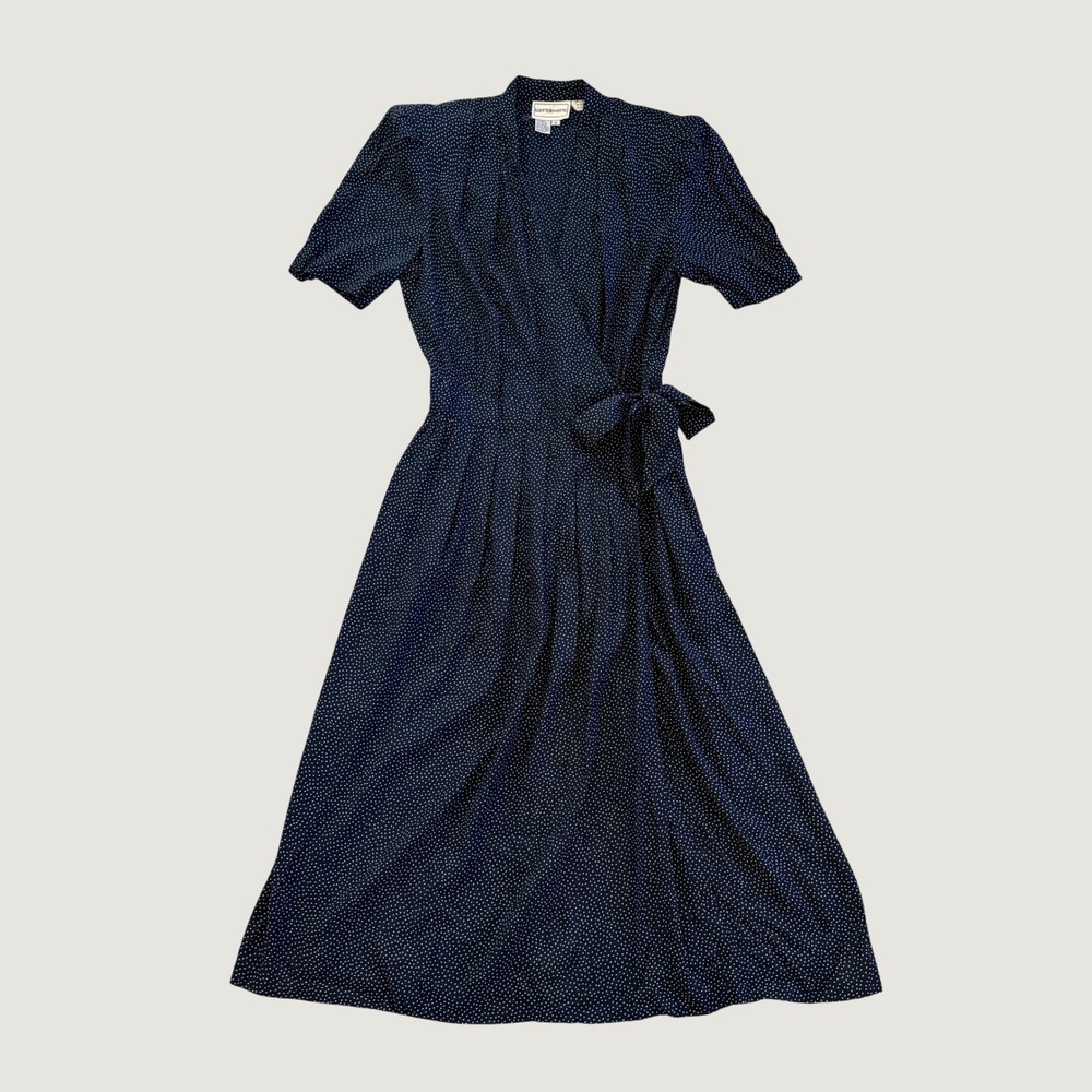 Karin Stevens Womens Vintage Wrap Dress Navy Blue Polka Dot Short Sleeve Size 14